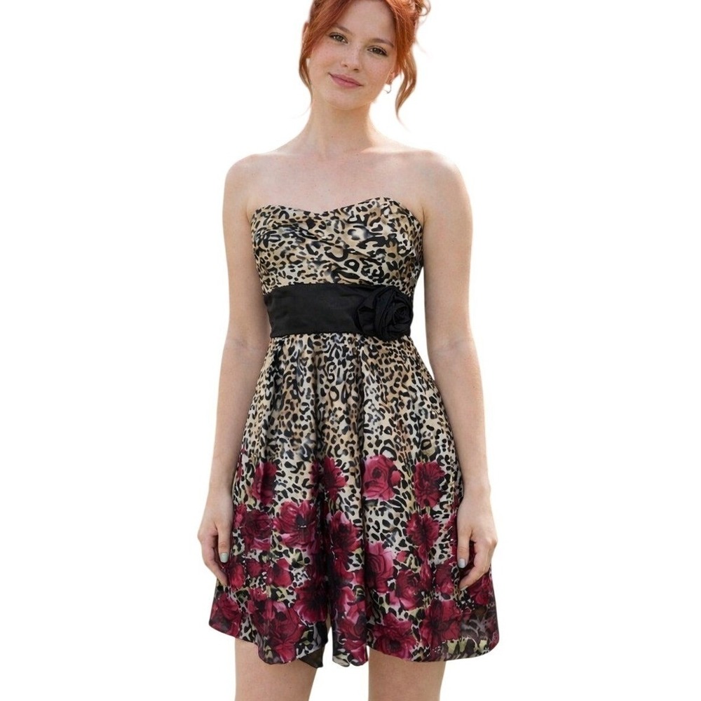 Vtg Y2K‎ Strapless Party Dress Junior's 7 Leopard Rose Floral Print Black Pink